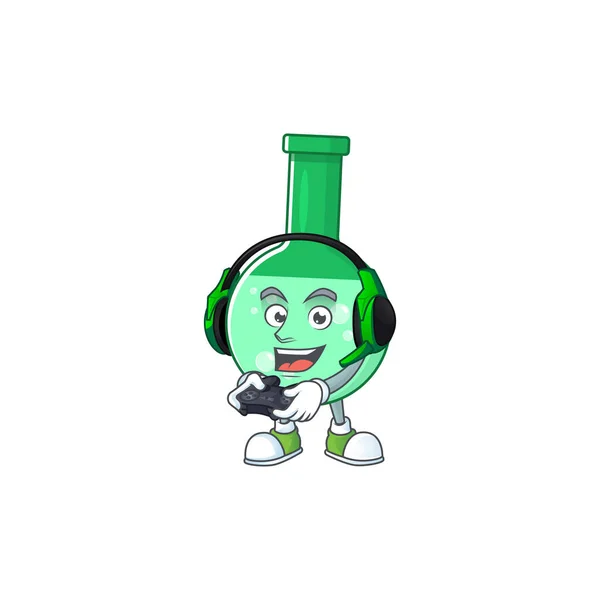 Un diseño de dibujos animados de botella química verde jugador talentoso jugar con auriculares y controlador — Vector de stock