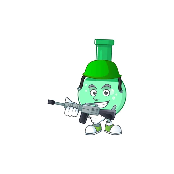 Una elegante botella química verde estilo de diseño de la mascota del ejército con pistola automática — Vector de stock