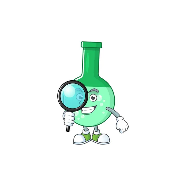 Détective intelligent de vert bouteille chimique dessin animé personnage conception concept — Image vectorielle