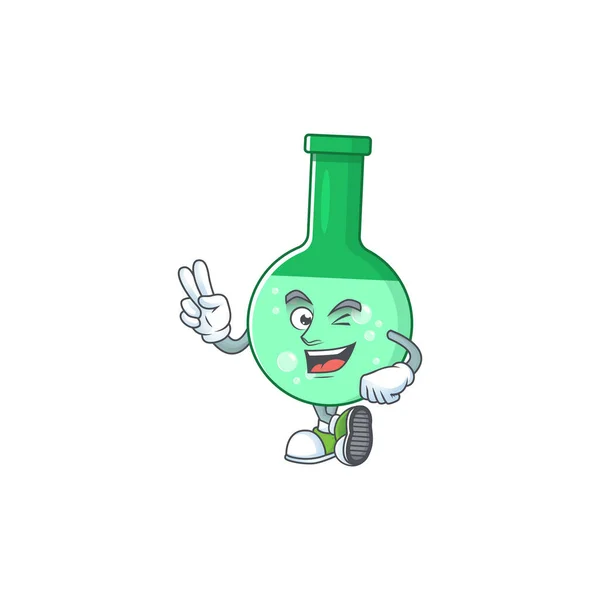 Conception de mascotte de bouteille chimique verte joyeuse avec deux doigts — Image vectorielle