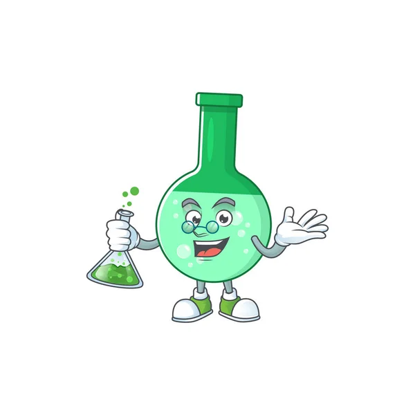 Grüne Chemieflasche Genie Professor Cartoon Charakter hält Glasröhre — Stockvektor