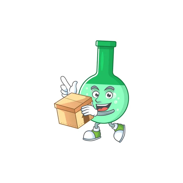 Bouteille chimique verte style dessin animé ayant boîte cadeau — Image vectorielle