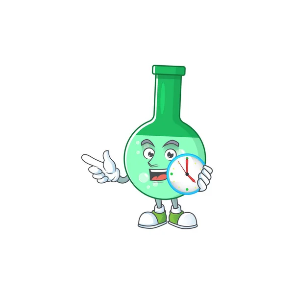 Groene chemische fles mascotte ontwerp concept met een cirkel klok — Stockvector