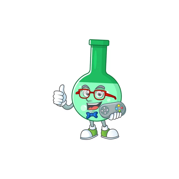 Zelená chemická láhev talentovaný hráč maskot design hra s regulátorem — Stockový vektor
