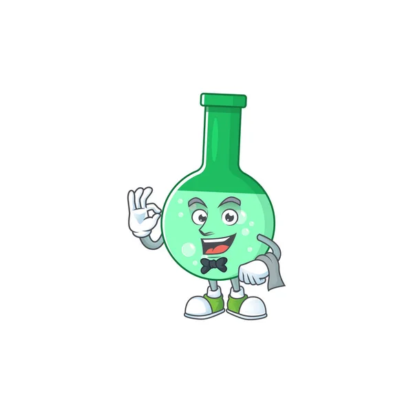 Zelená chemická láhev číšník kreslený znak připraven sloužit — Stockový vektor