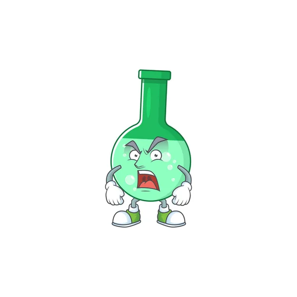 Зелена хімічна пляшка мультфільм дизайн персонажа з божевільним обличчям — стоковий вектор