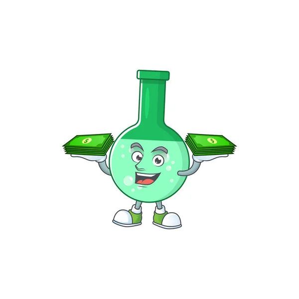 Веселый зеленый дизайн химической бутылки талисман с некоторыми деньгами на руках — стоковый вектор