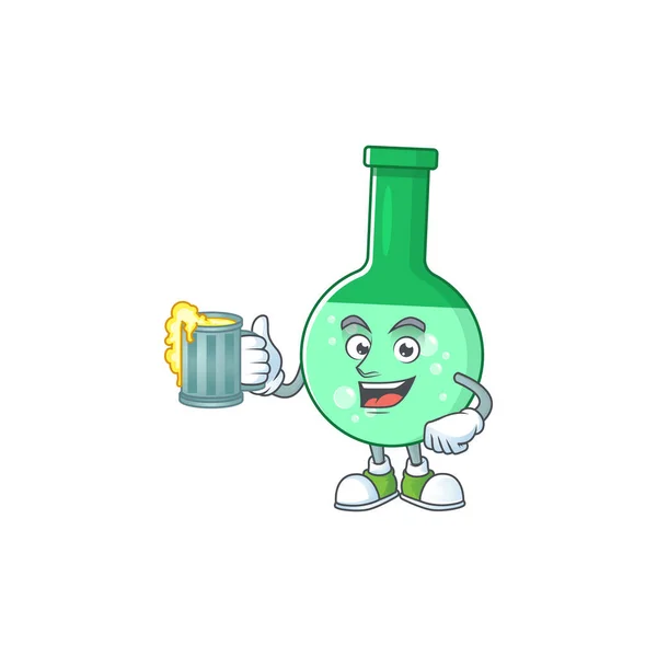 Felice bottiglia chimica verde stile mascotte brindisi con un bicchiere di birra — Vettoriale Stock
