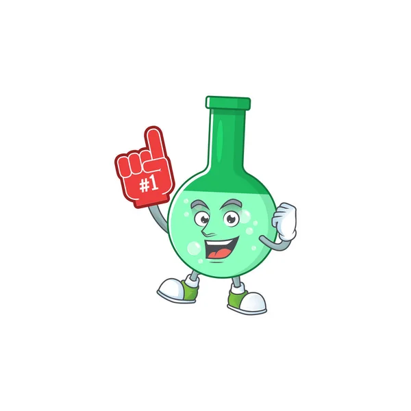 Cartoon χαρακτήρα έννοια του πράσινου μπουκάλι χημικών που κατέχουν κόκκινο δάχτυλο αφρού — Διανυσματικό Αρχείο