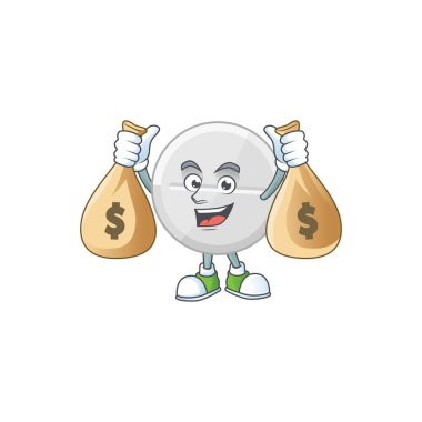 Mutlu, zengin, beyaz haplar. Çizgi film karakterinin para çantası var.