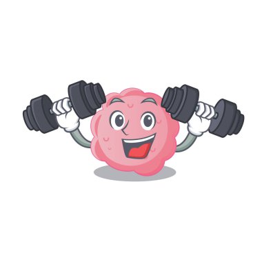 Gülümseyen Fitness egzersizinin maskot tasarımı anaplazma fagositoplazma halterleri kaldırır. Vektör illüstrasyonu