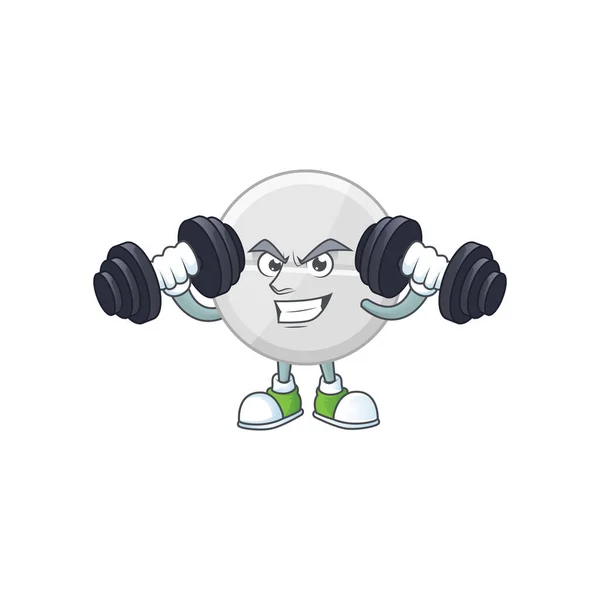 Fitness exercise white pills cartoon character using barbells — Stock Vector