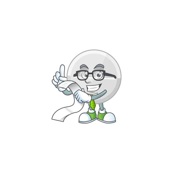 Mascota concepto de dibujos animados de píldoras blancas con la lista de menús — Vector de stock