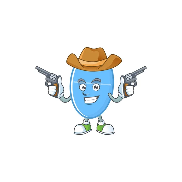 A cowboy cartoon character of blue capsule holding guns — Stock Vector