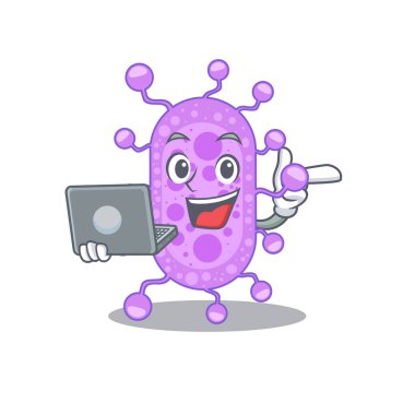 Mycobacterium 'un çizgi film karakteri. Bilgisayarla çalışan zeki bir öğrenci. Vektör illüstrasyonu