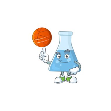Basketbol oynayan atletik mavi şişe karikatür tasarımı. Vektör illüstrasyonu