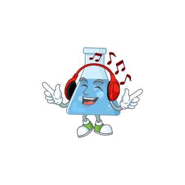 Maskot tasarımı mavi kimya şişesi kulaklıkla müzikten zevk alıyor. Vektör illüstrasyonu