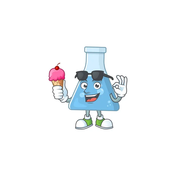 Lindo Personaje Dibujos Animados Botella Química Azul Disfrutando Helado Ilustración — Archivo Imágenes Vectoriales