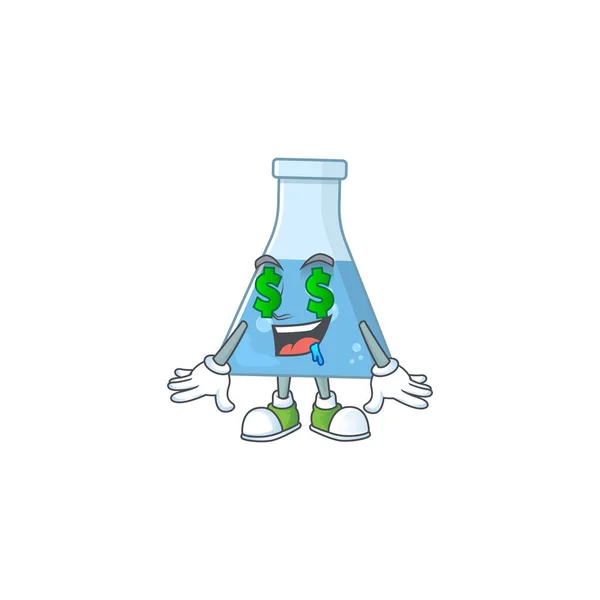 Stile Personaggio Mascotte Bottiglia Chimica Blu Ricco Con Occhi Soldi — Vettoriale Stock