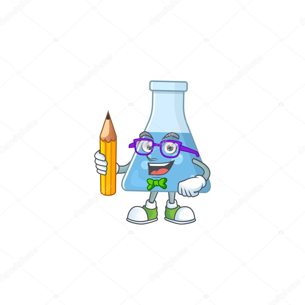 Blue chemical bottle student cartoon character studying with pencil. Vector illustration