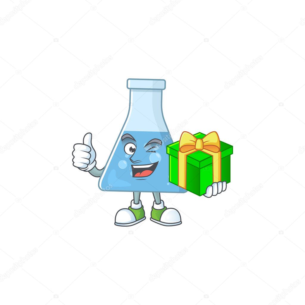 Smiley blue chemical bottle cartoon character holding a gift box. Vector illustration