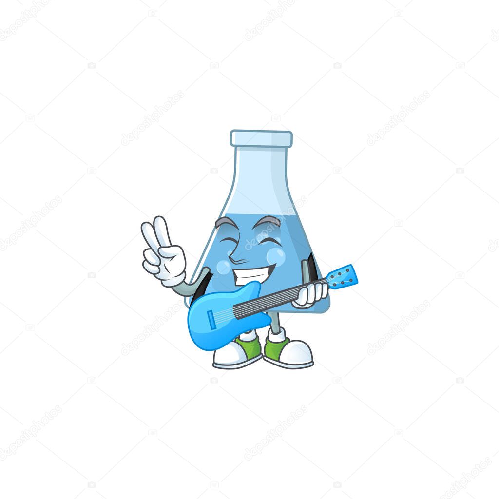Happy face of blue chemical bottle cartoon plays music with a guitar. Vector illustration