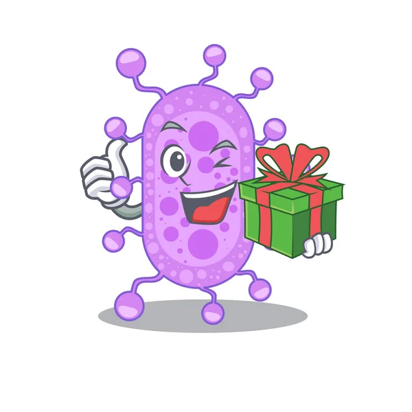 Personagem Desenho Animado Sorrindo Mycobacterium Ter Uma Caixa Presente Verde —  Vetores de Stock