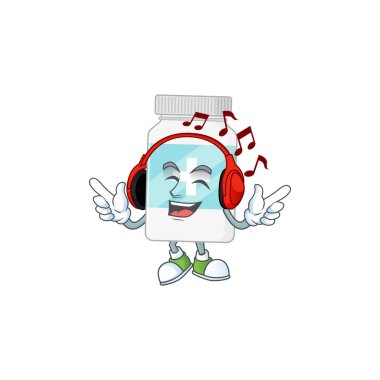 Çizgi film maskotu tasarım takviye şişesi. Kulaklıkla müziğin tadını çıkarıyor.