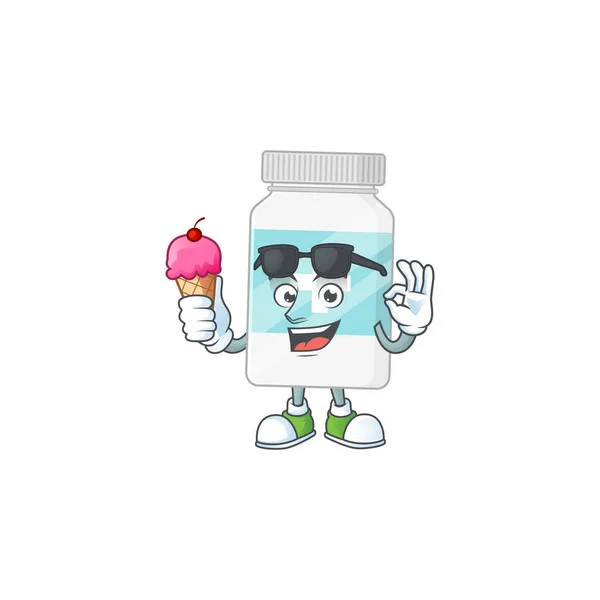 Mignon supplément bouteille dessin animé personnage profiter d'une crème glacée — Image vectorielle