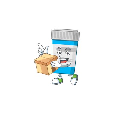 Tıbbi şişe çizgi film tasarımı stili hediye kutusuna sahip.