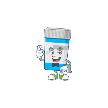 Bir tıbbi şişe garson çizgi film karakteri servis yapmaya hazır.