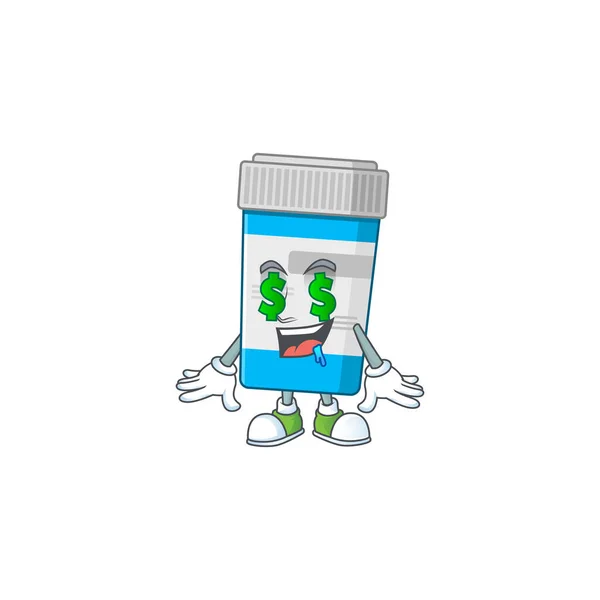 Mascota carácter estilo de rica botella médica con dinero ojos — Vector de stock