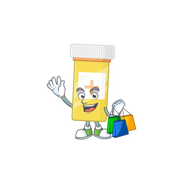 Concept de personnage de dessin animé de bouteille de médecine riche avec des sacs à provisions — Image vectorielle