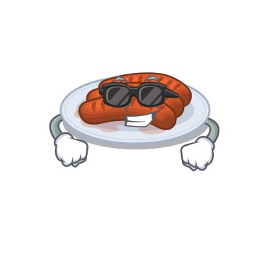 Pahalı siyah gözlük takan ızgara sosisli çizgi film karakteri. Vektör illüstrasyonu