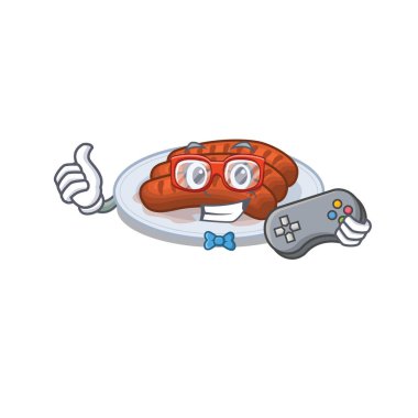 Maskot tasarım konsepti ızgara sosis oyunu denetleyici kullanır. Vektör illüstrasyonu