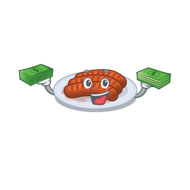 Zengin ızgara sosis çizgi film karakteri elinde para olan. Vektör illüstrasyonu