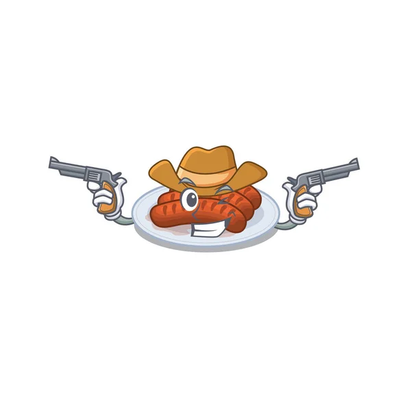 Cute Handsome Cowboy Grilled Sausage Cartoon Character Guns Vector Illustration — Stock Vector