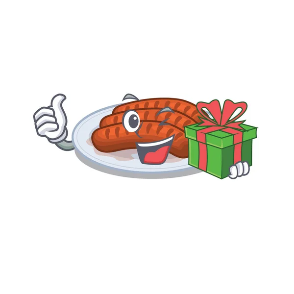 Sorrindo Personagem Desenho Animado Salsicha Grelhada Com Uma Caixa Presente — Vetor de Stock