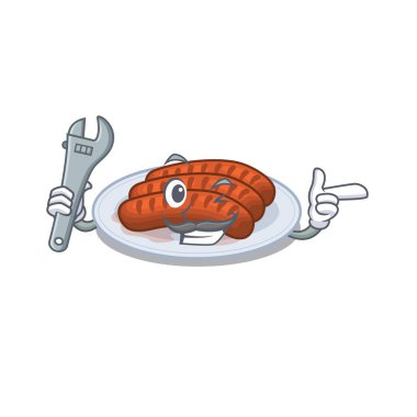 Izgara sosis mekanik maskot tasarımı konsepti. Vektör illüstrasyonu