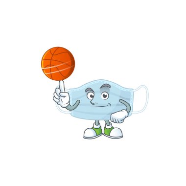 Basketbol oynayan atletik cerrahi maskeli bir çizgi film tasarımı.