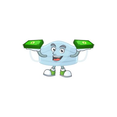 Ellerinde biraz para olan neşeli bir ameliyat maskotu tasarımı. Vektör illüstrasyonu