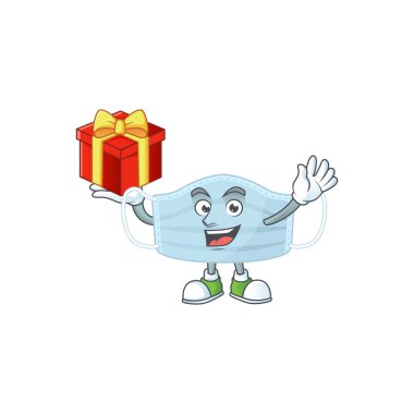 Büyüleyici cerrahi maskot tasarımının kırmızı bir hediye kutusu var. Vektör illüstrasyonu