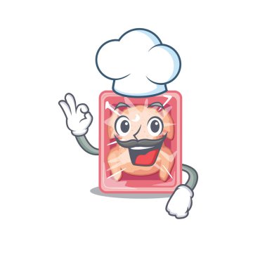 Donmuş tavuk şefi çizgi film tasarımı tarzı beyaz şapka takıyor. Vektör illüstrasyonu