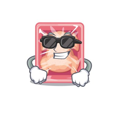 Pahalı siyah gözlük takan dondurulmuş tavuk çizgi film karakteri. Vektör illüstrasyonu