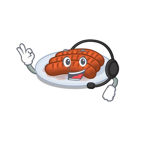 Lindo Conceito Personagem Mascote Salsicha Grelhada Usando Fone Ouvido Ilustração — Vetor de Stock