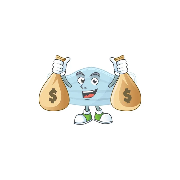 Gelukzalige rijke chirurgie masker cartoon karakter met geld zakken — Stockvector