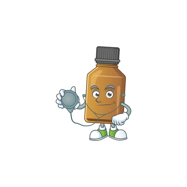 Una botella de cura de jarabe Doctor dedicada Personaje de dibujos animados con estetoscopio — Vector de stock