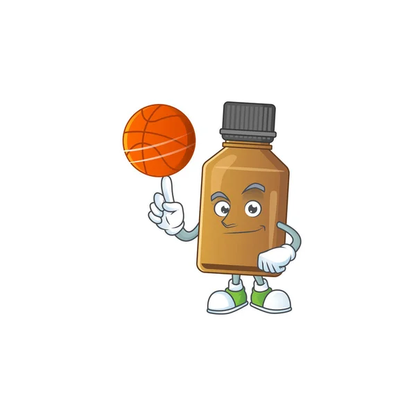 Uma garrafa de cura de xarope atlético desenho animado estilo jogando basquete — Vetor de Stock
