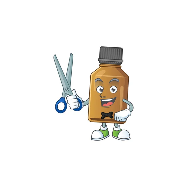 Cute Barber Sirup Heilung Flasche Cartoon-Charakter Stil mit Schere — Stockvektor
