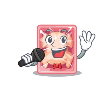 Donmuş tavuk çizgi film karakterinin yetenekli şarkıcısı mikrofon tutuyor. Vektör illüstrasyonu